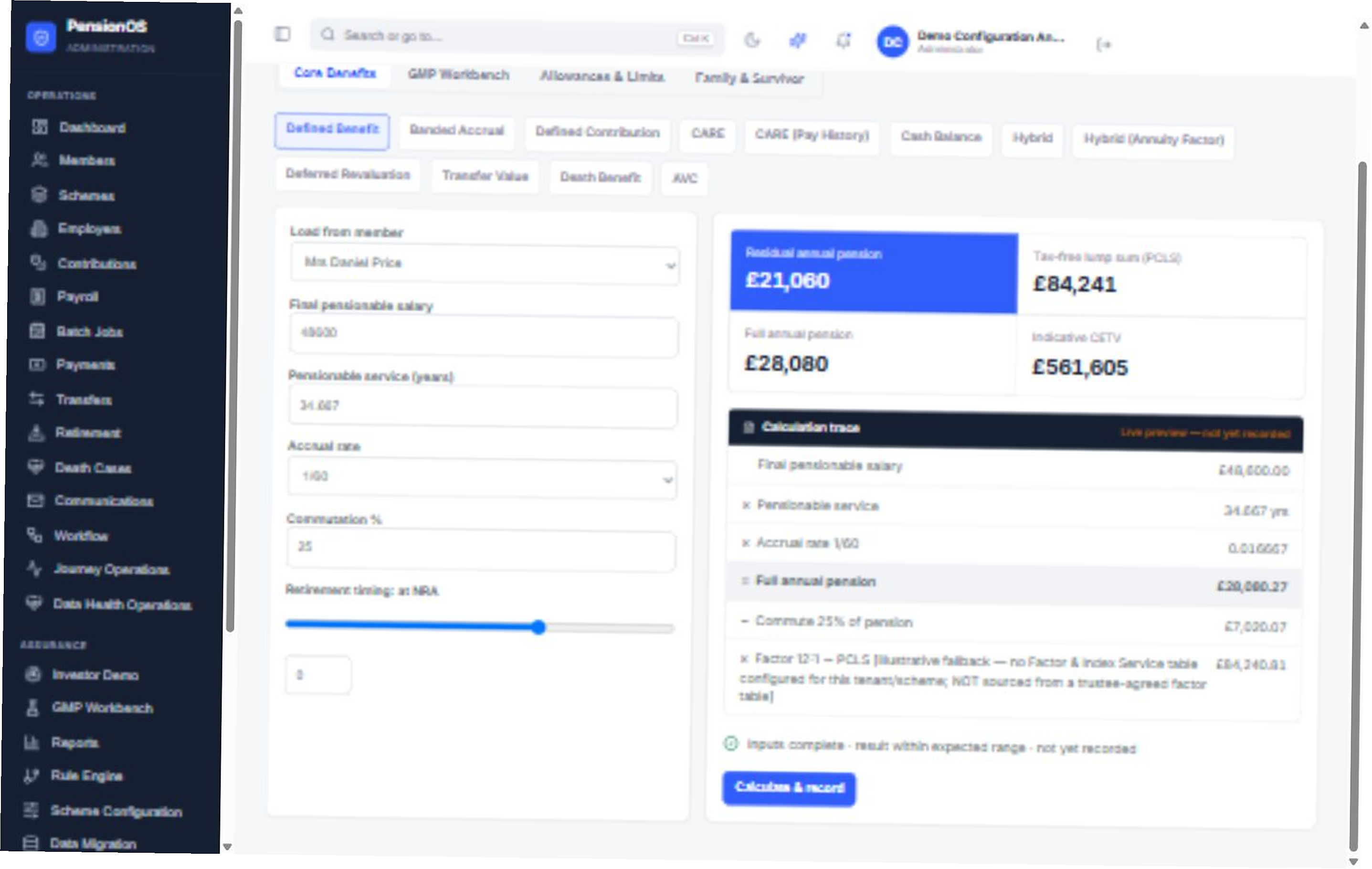PensionOS calculation breakdown screen
