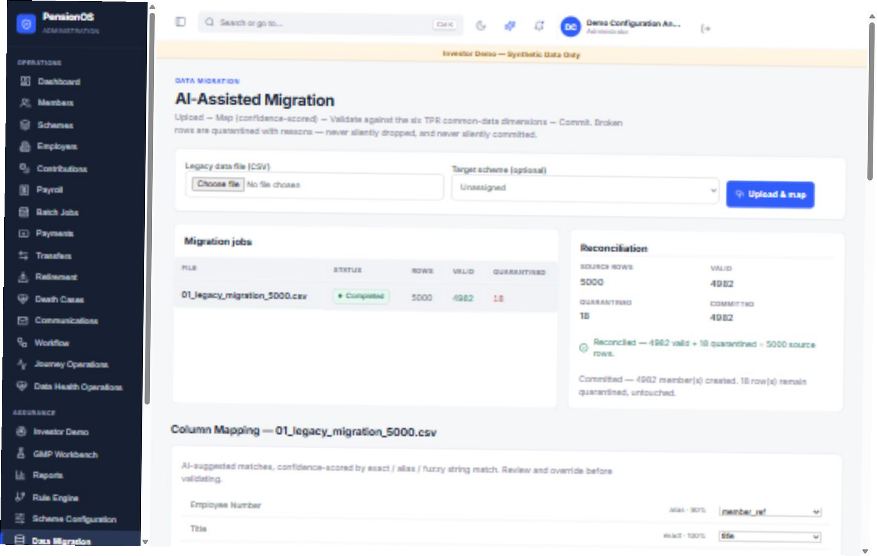 PensionOS AI-Assisted Migration and reconciliation screen