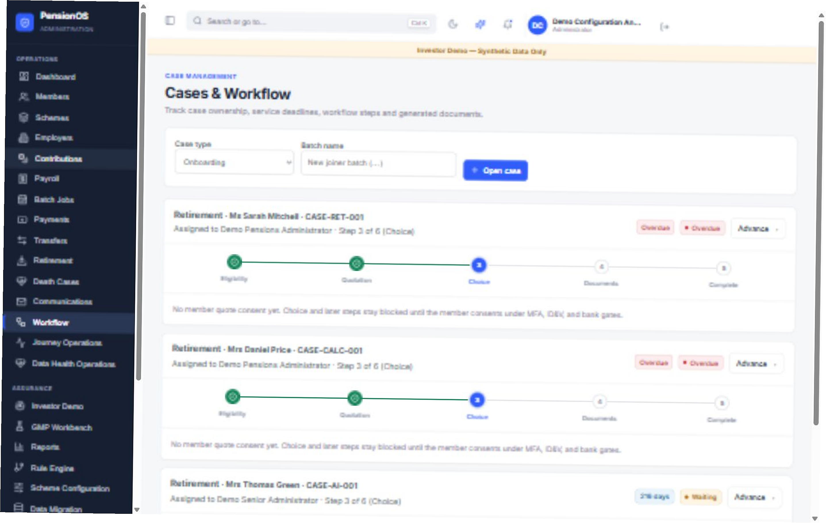 PensionOS cases and workflow screen